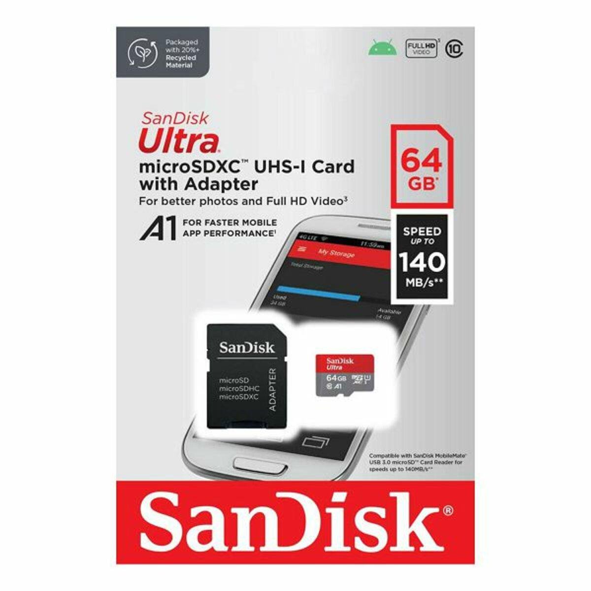 Карта памяти microSDXC SanDisk 64 Gb class 10 A1 140 Mb/s Adapter SD (SDSQUAB-064G-GN6MA) - фото 4