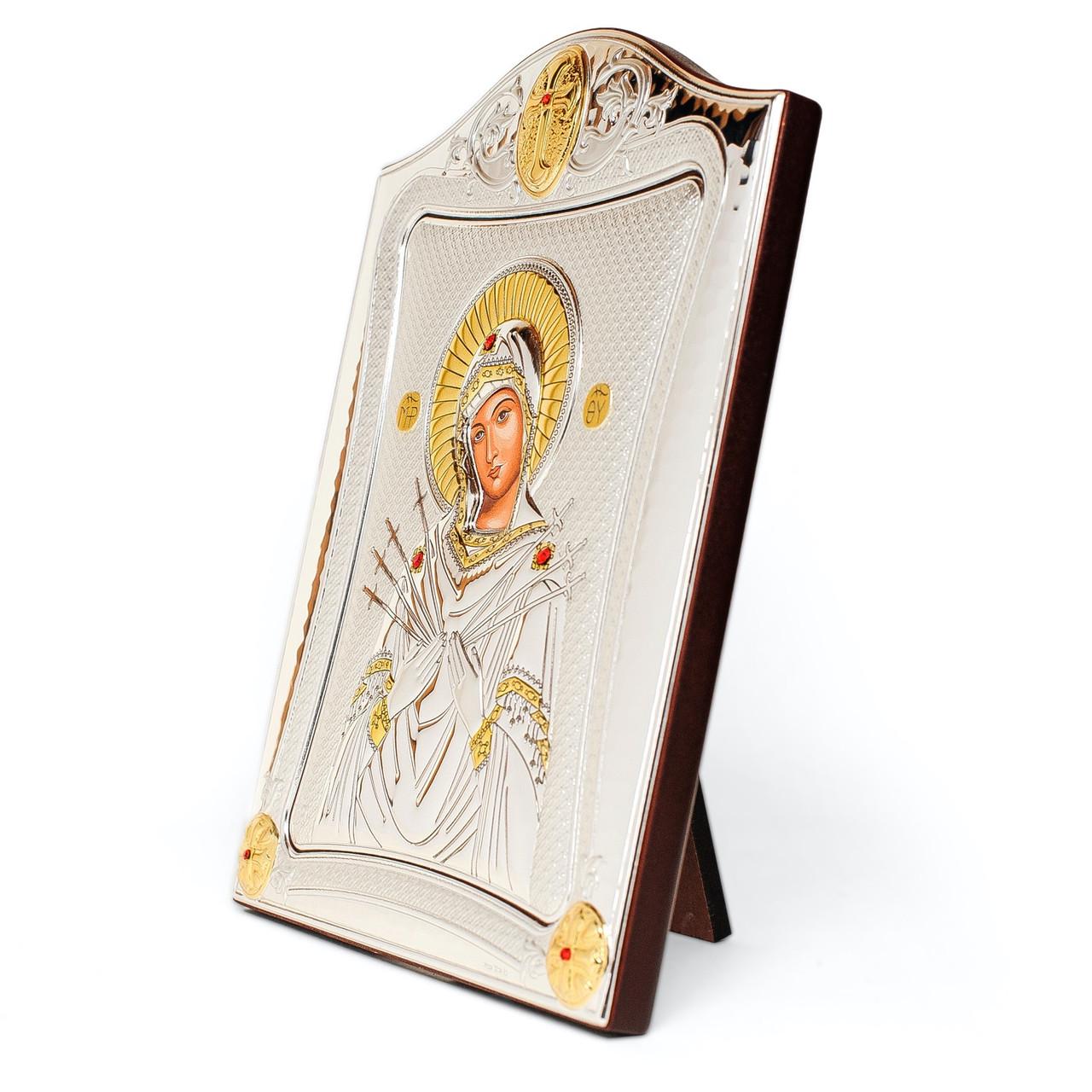 Ікона Семистрільна Божа Матір у срібній рамці позолочена 20х25 см - фото 2 Ікона Семистрільна Божа Матір у срібній рамці позолочена 20х25 см - фото 2