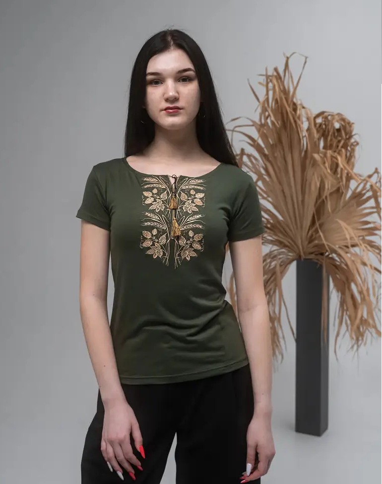 Футболка-вышиванка женская трикотажная S Хаки (а-43-s)