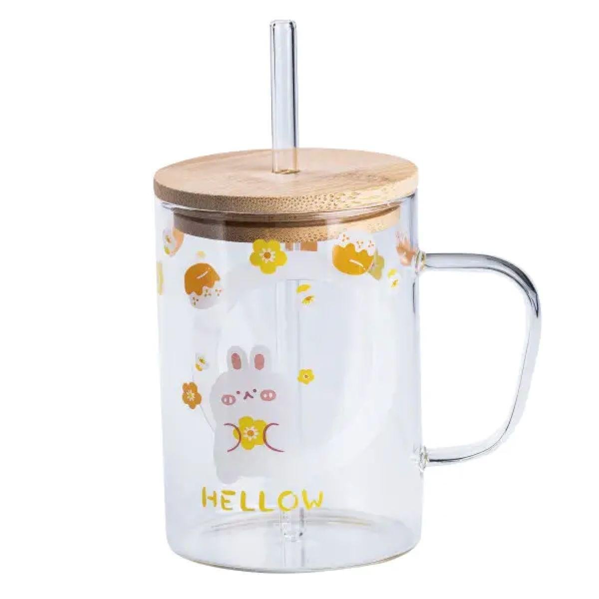 Чашка стеклянная с деревянной крышкой и трубочкой (HP7214C)