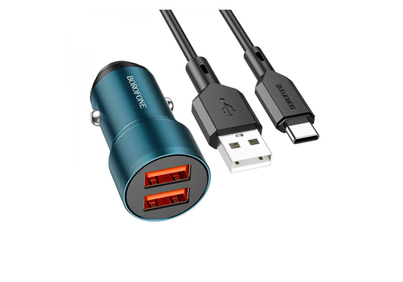 Зарядное устройство автомобильное Borofone BZ19 Wisdom 2USB/2,4A Type-C Blue