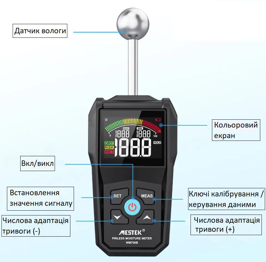 Вологомір для дерева MESTEK WM700B безконтактний для гіпсокартону/дерева/цегли (78241539) - фото 5