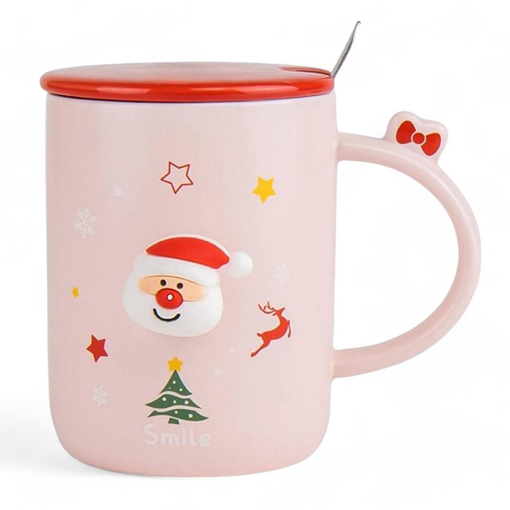 Чашка новогодняя с крышкой и ложкой Санта керамика 360 мл Розовый - фото 2