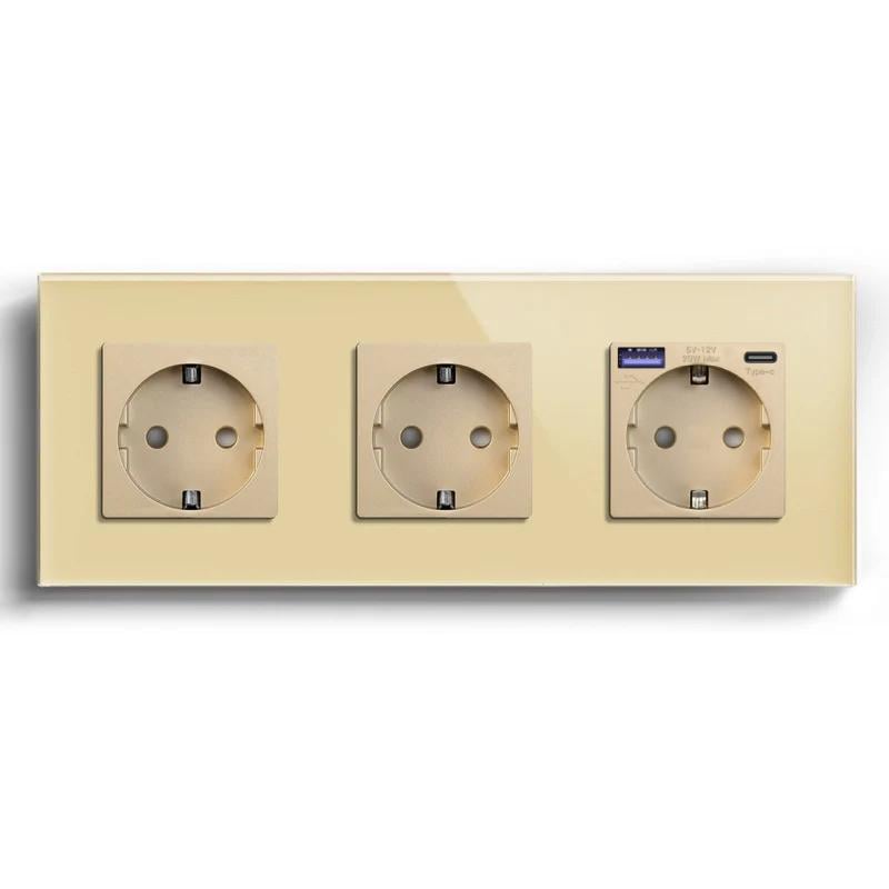 Розетка LUXION с USB A+C 20Вт с заземлением/шторками 250В 16А стеклянная рамка Золотой (LX-M3FGAC-GD)