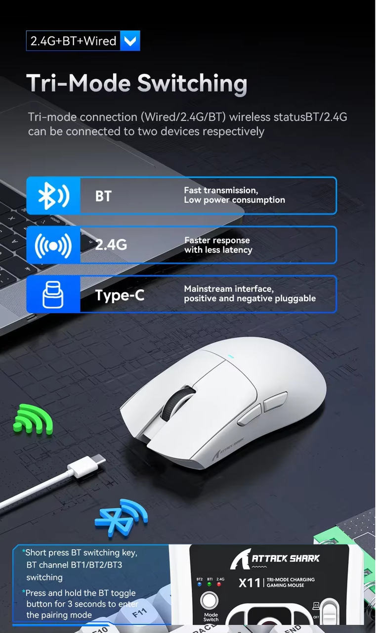 Мышка компьютерная беспроводня Attack Shark X11 и док-станция 22000dpi Black Graptape (2540814625) - фото 7 Мышка компьютерная беспроводня Attack Shark X11 и док-станция 22000dpi Black Graptape (2540814625) - фото 7