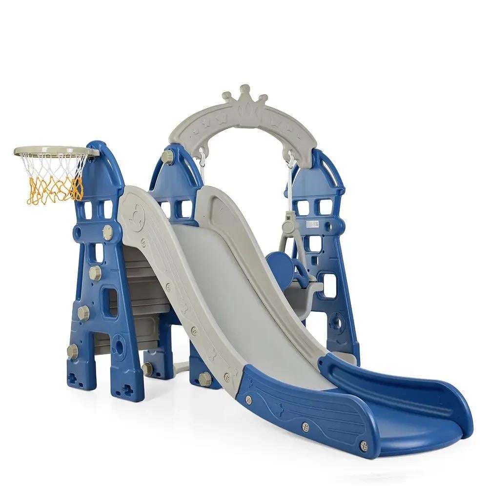 Детский игровой комплекс пластиковый Bambi HOUSE-4 2в1 горка с качелями и баскетбольным кольцом 146х120х183 см Серо-синий (150-7-HOUSE-4)