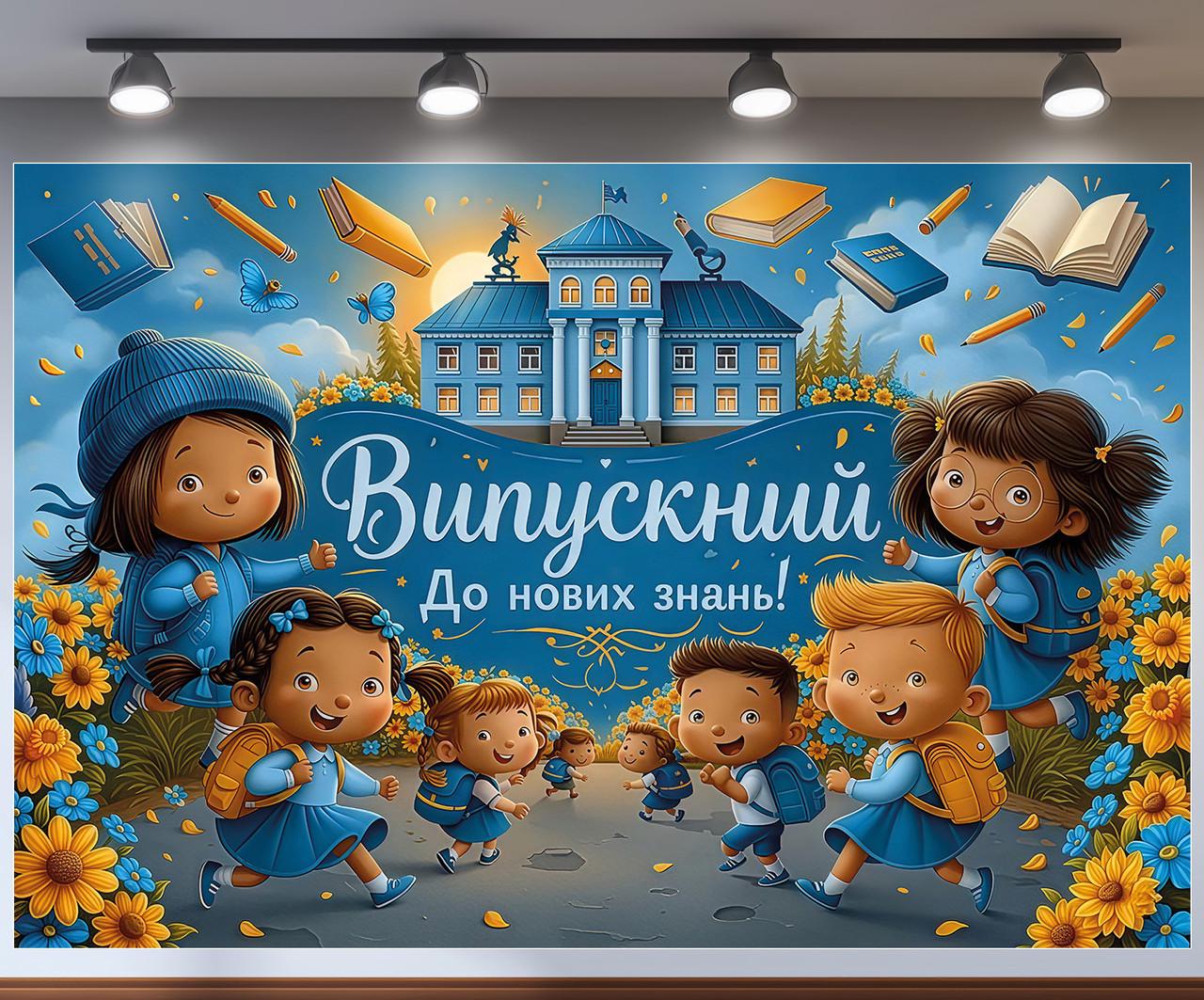 Баннер для фотозоны "Випускний до нових знань" дети возле школы подсолнухи и учебники 240x160 см