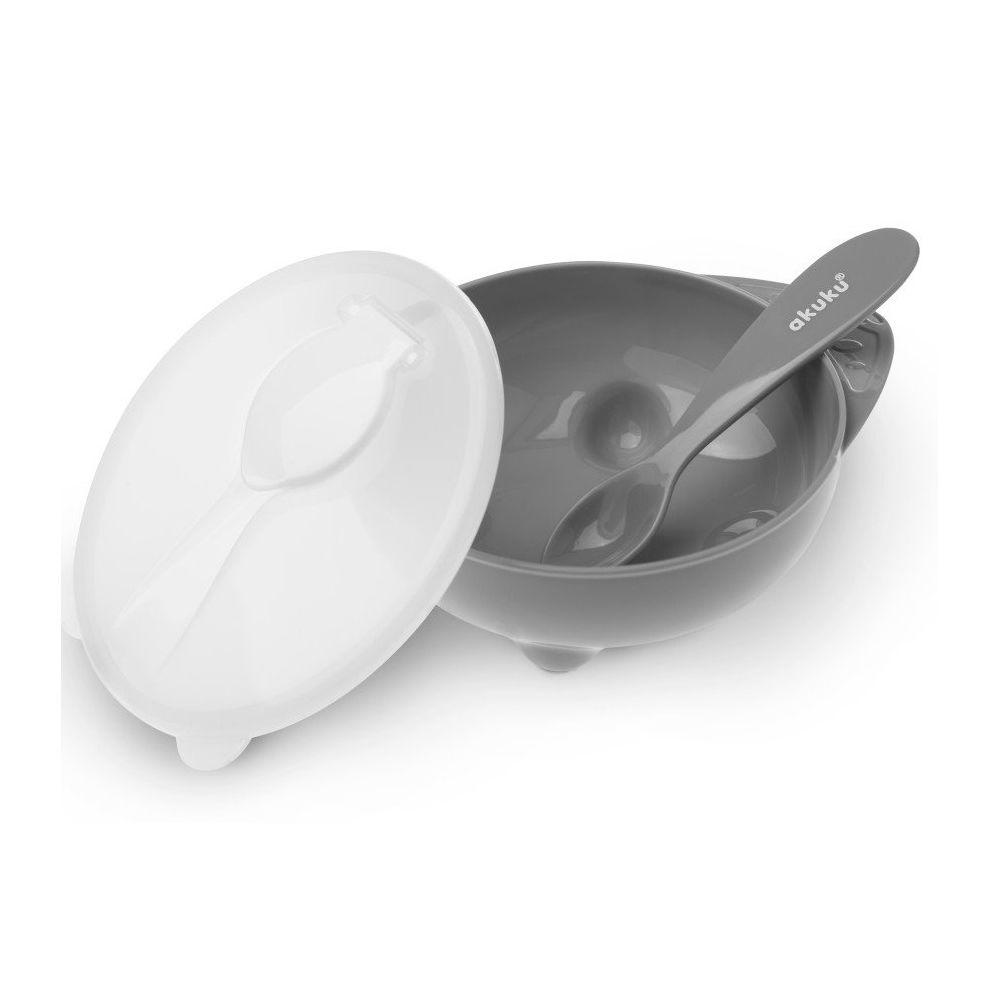 Тарелка-контейнер детская Akuku с крышкой и ложкой Серый (A0425)
