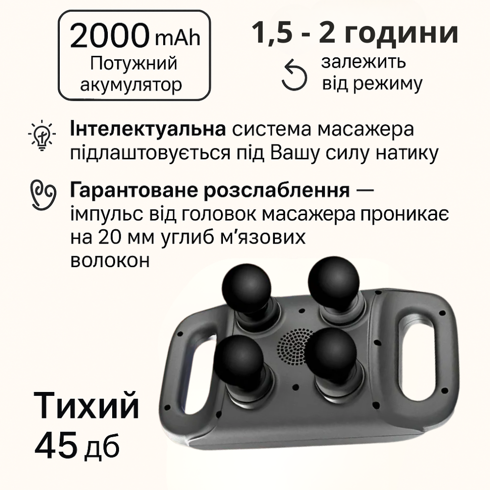 Массажер для тела/шеи ударный Fascial Gum ручной перкуссионный на аккумуляторе 4 массажные головки Серый (Pulse4D) - фото 14