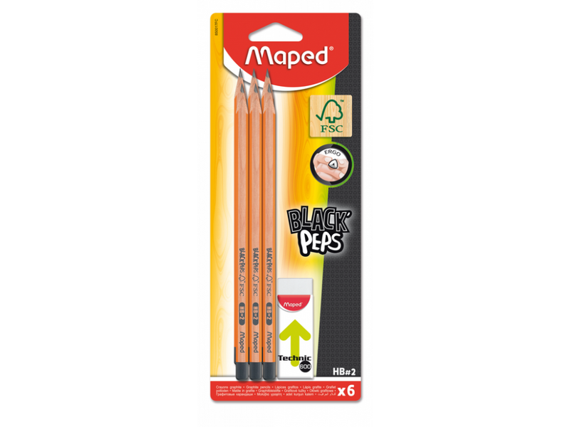 Набір чорнографітових олівців Maped Black Peps HB и ластик 6 шт. (MP.850017FC)