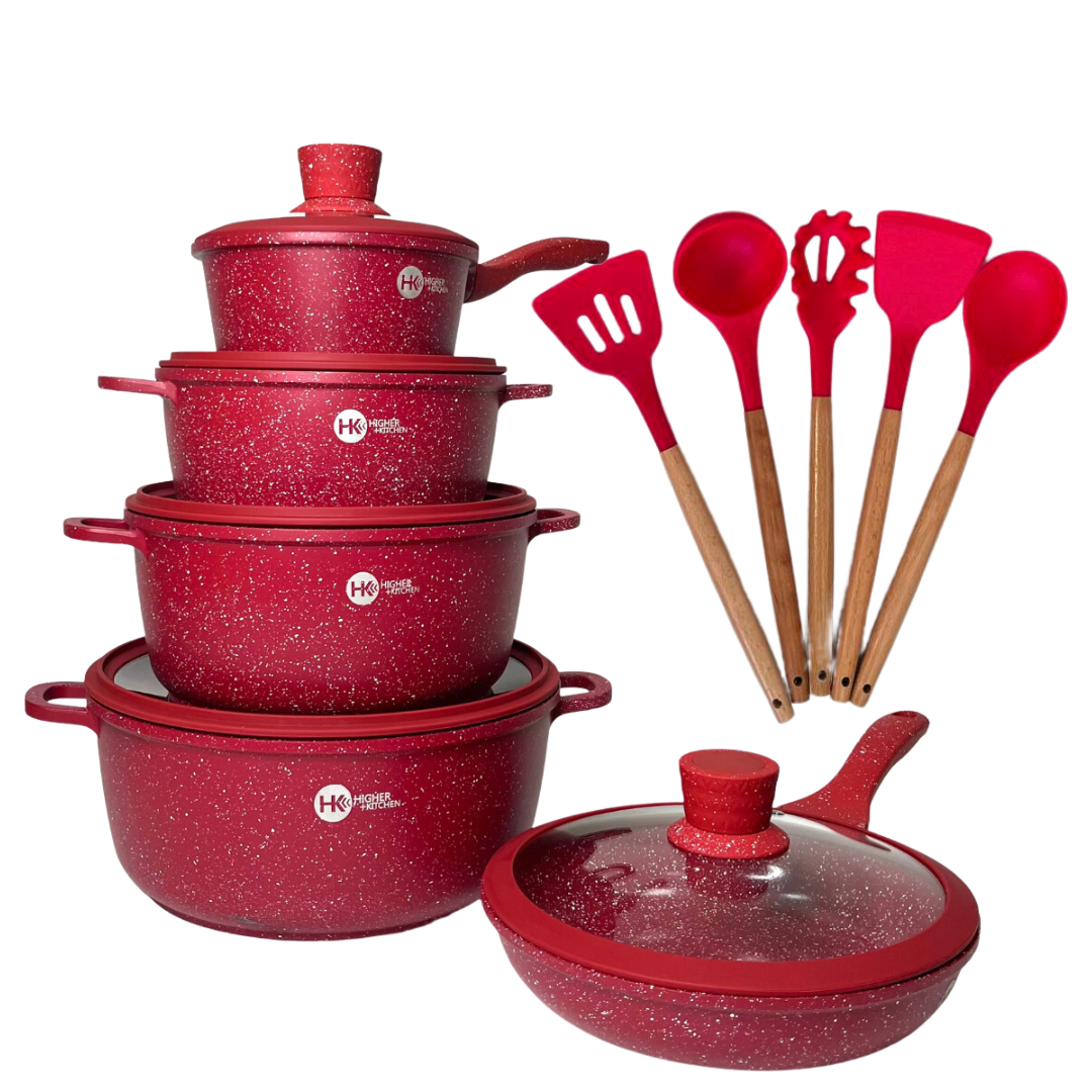 Набір посуду Higher Kitchen HK-316 з гранітним антипригарним покриттям 17 предметів Бордовий