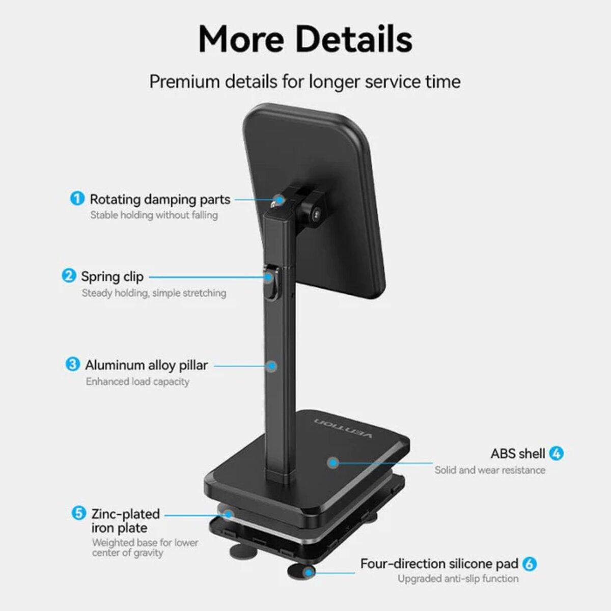 Підставка для телефону Vention KCQB0 Height Adjustable Cell Phone Stand Aluminum Alloy Type Black (18410093) - фото 6