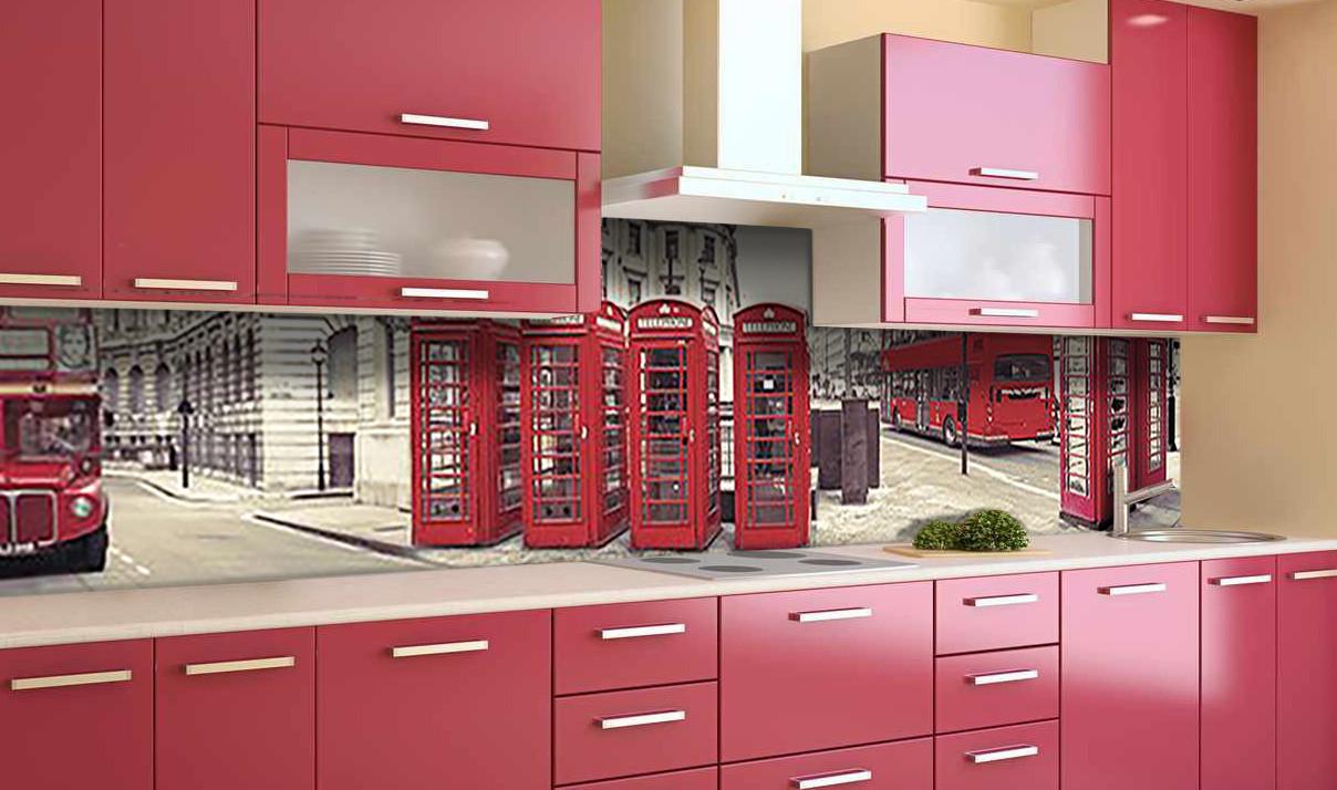 Кухонный фартук Телефонные будки Лондон из самоклеющейся виниловой пленки 60х300 см Красный