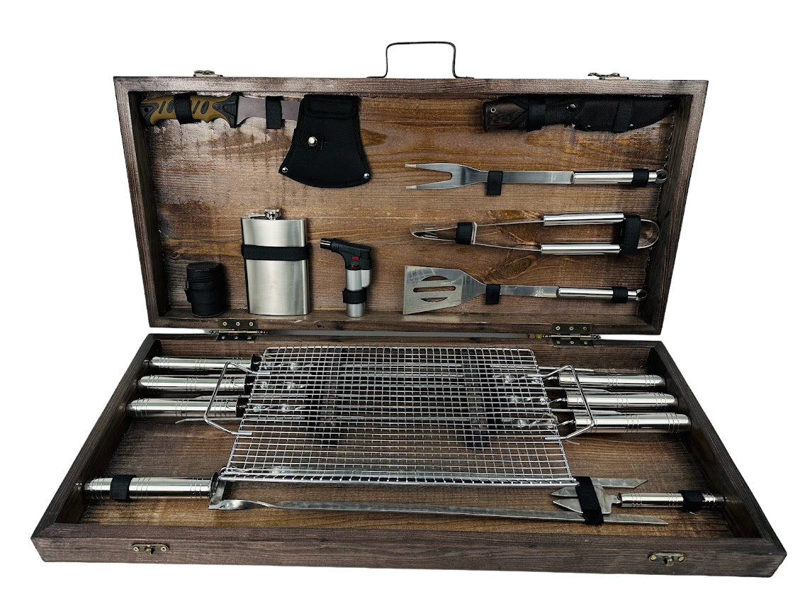 Набор шампуров подарочный BBQ MAX в деревянном кейсе на 22 предметов (106-10-KS-7504)