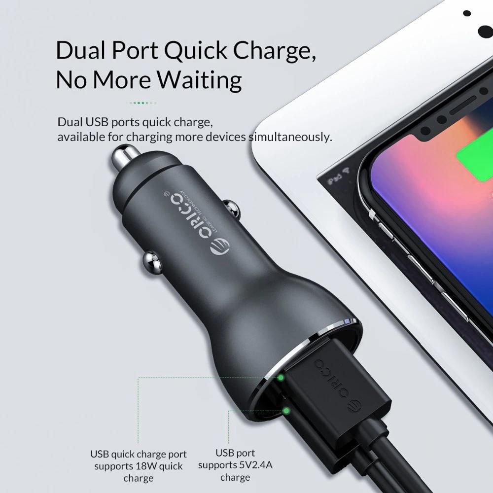 Зарядний пристрій автомобільний Orico й 2x USB 30W 3A USB-A Quick Charge 3.0 QC3.0 алюмінієвий Сірий (ORICO-UPF-Q2-GY-BP) - фото 7 Зарядний пристрій автомобільний Orico й 2x USB 30W 3A USB-A Quick Charge 3.0 QC3.0 алюмінієвий Сірий (ORICO-UPF-Q2-GY-BP) - фото 7