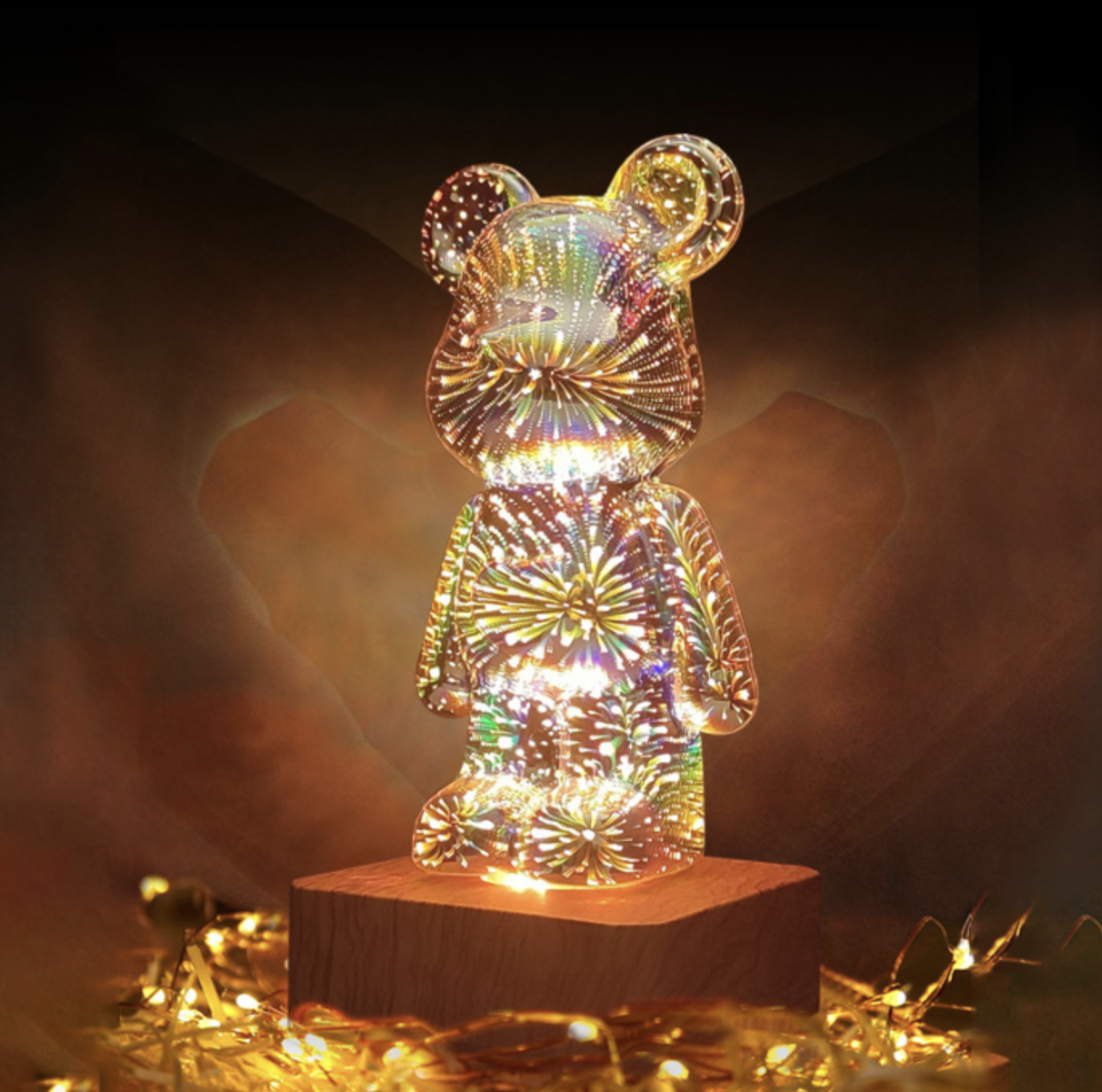 Светильник-ночник 3d-Мишка с фейерверками стеклянный настольный USB 8 цветов на подставке (Е500165)