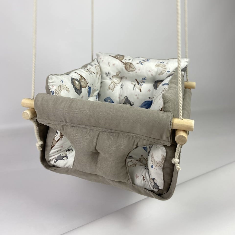 Подвесная детская качель Премиум+ с микровелюра со львами Серый (gs-8784)