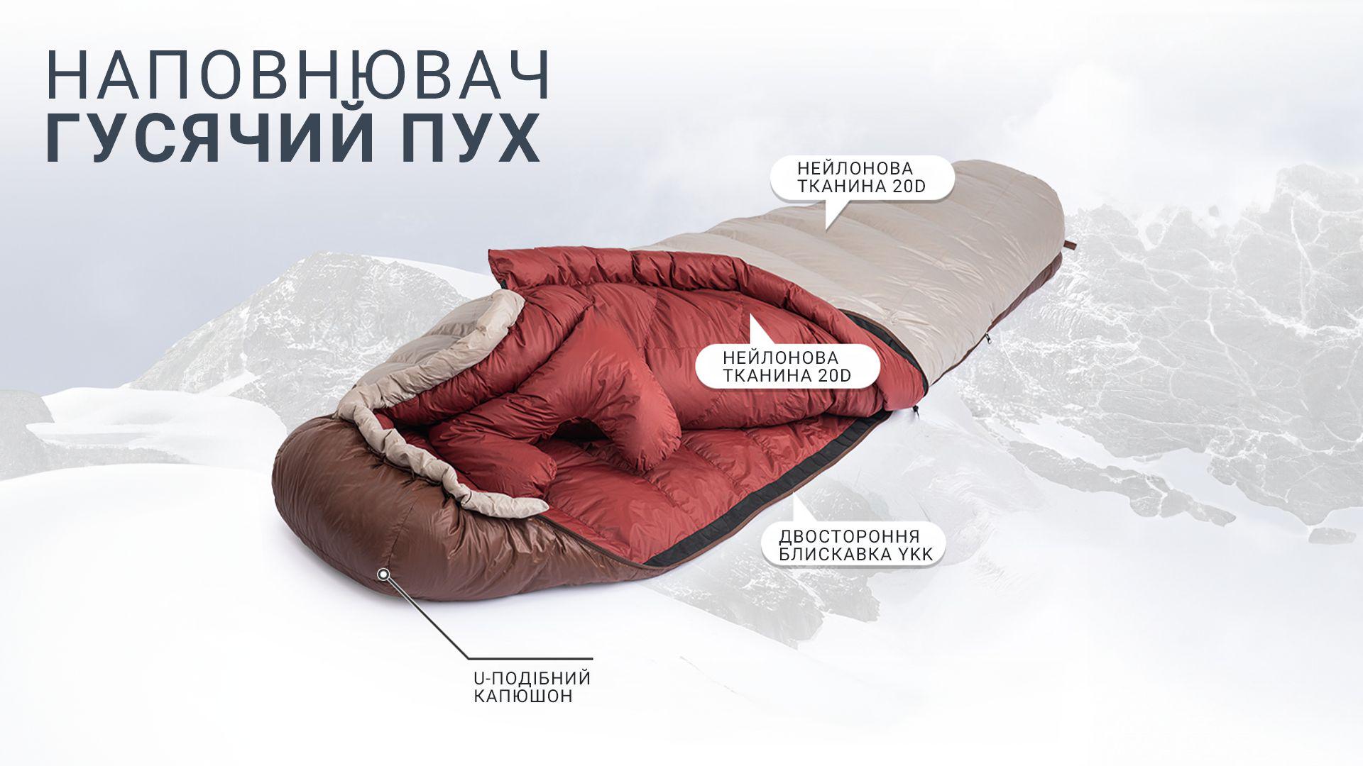 Спальний мішок з натуральним пухом Naturehike Snowbird NH20YD001 L 980 г Коричневий (atlantmarket_62932) - фото 15