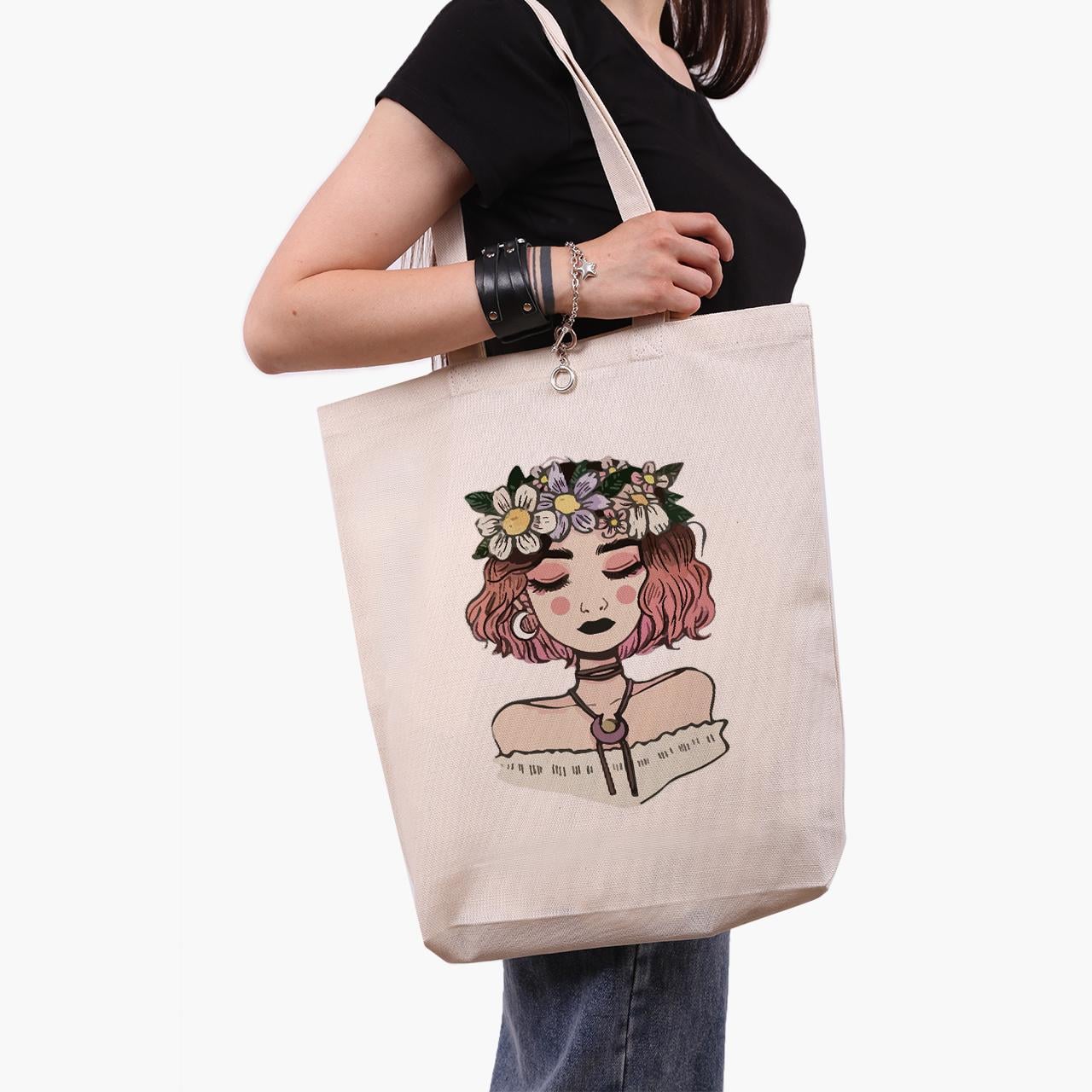 Эко сумка шоппер Girl with flowers 41x39x8 см Бежевый (9227-2841-WTD)