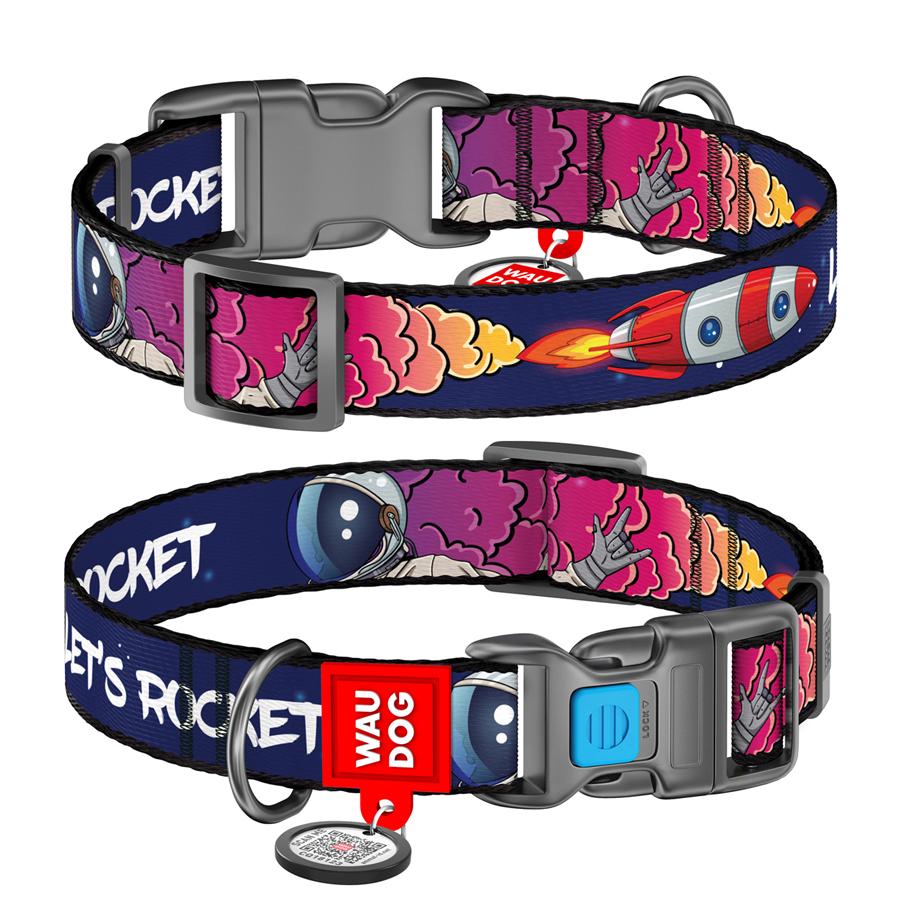 Нашийник для собак з QR-паспортом Waudog Nylon Космос Ракета пластиковий фастекс L 25 мм 31-49 см Blue (4503-0125)