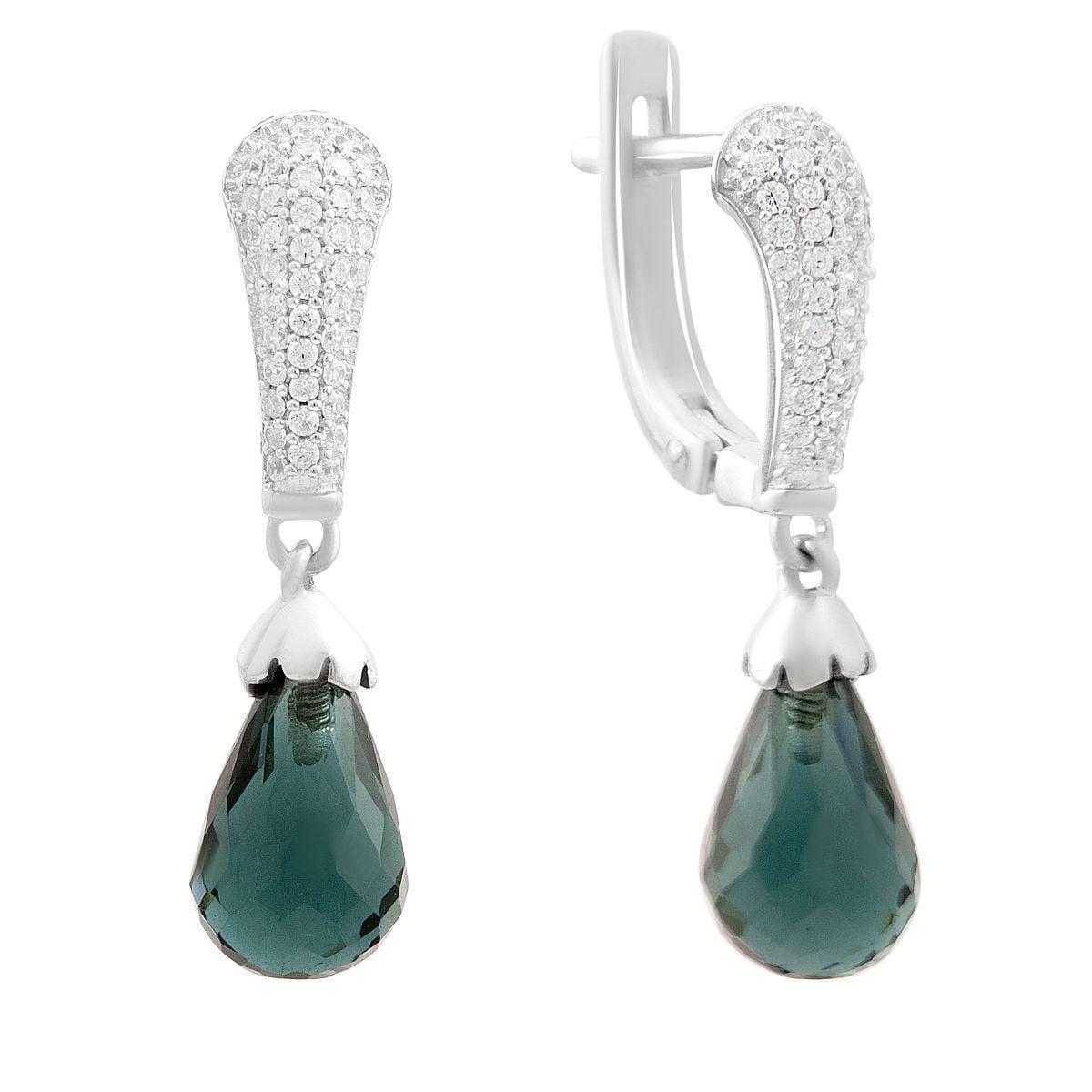 Серьги серебряные LoveR с лондонским топазом сине-зеленого цвета капля и фианитами