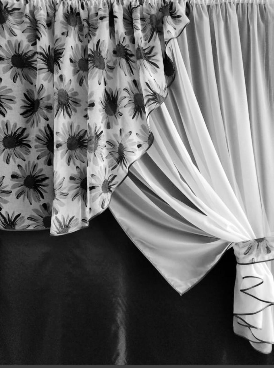 Занавеска на окно шифон с батистом Ромашки с подвязкой 300х170 см Белый с серым (ул-11) - фото 1 Занавеска на окно шифон с батистом Ромашки с подвязкой 300х170 см Белый с серым (ул-11) - фото 1