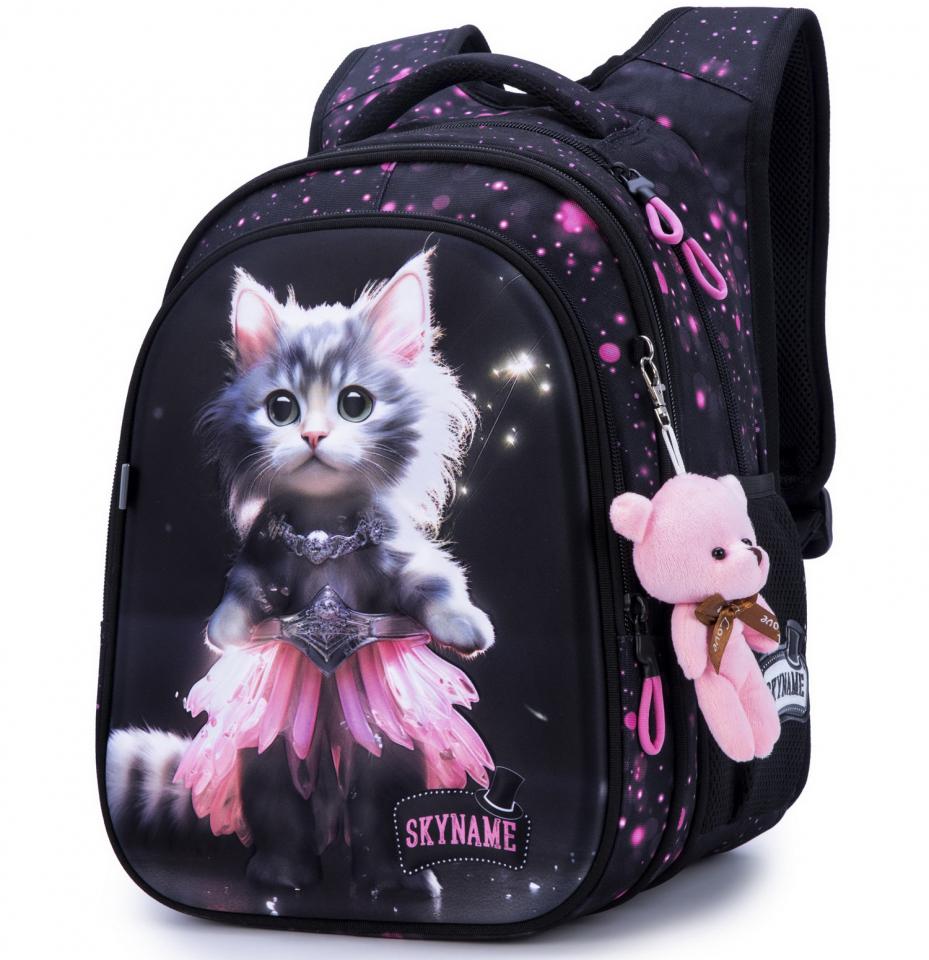 Школьный рюкзак для девочки Winner One SkyName Котенок 1-7 класс 6-13 лет с ортопедической спинкой Черный (R1-051)
