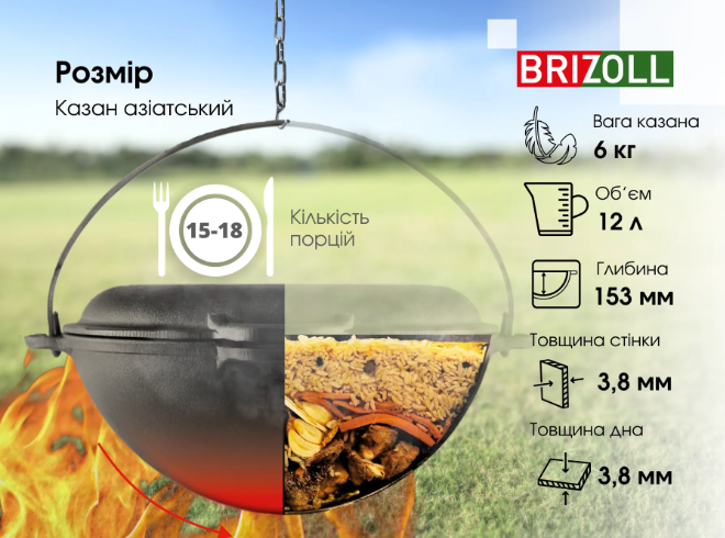 Казан чавунний азіатський з кришкою/сковородою гриль 12 л Brizoll - фото 11