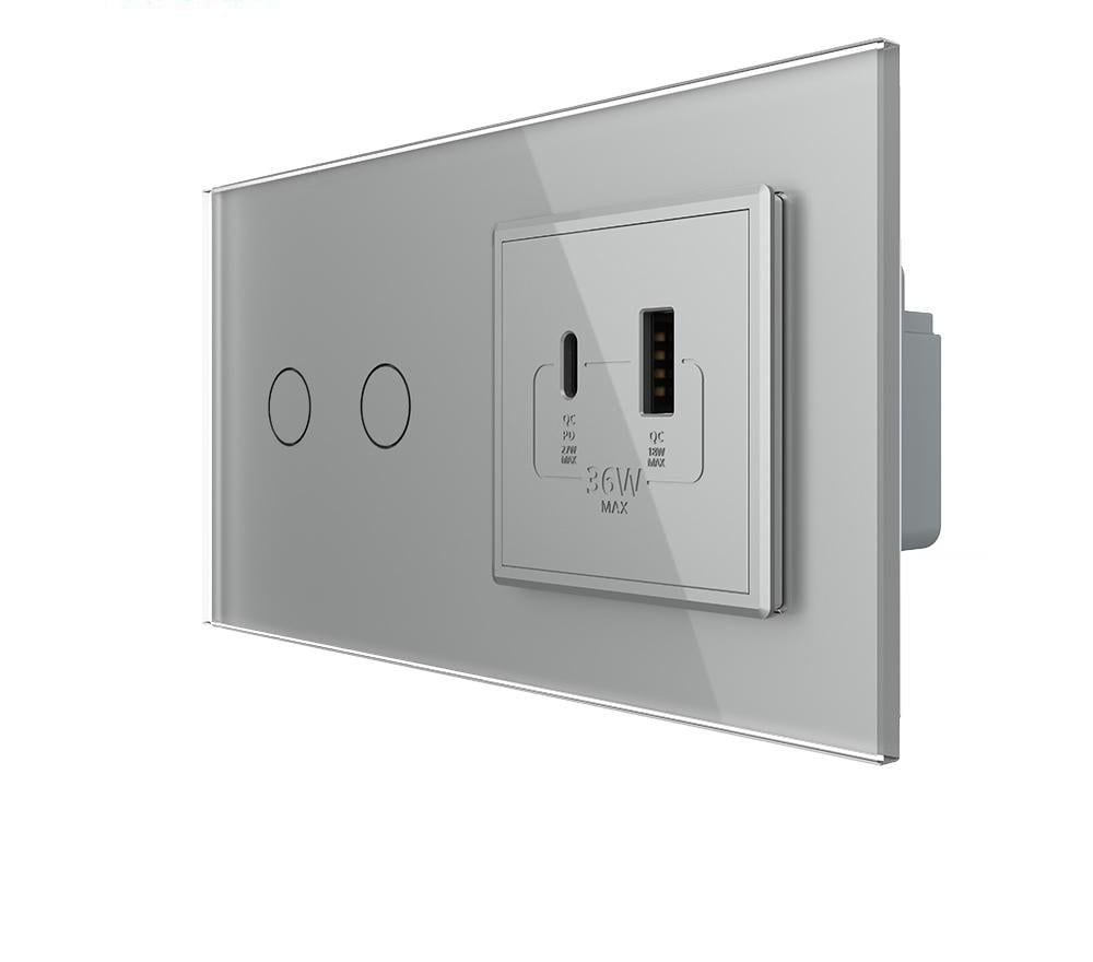 Выключатель сенсорный Livolo двойной/проходной с розеткой USB-A + USB-C 36 Вт стекло Серый
