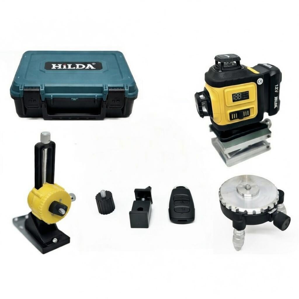 Лазерный уровень с зеленым лучом на 16 линий 360 градусов Hilda 4D Quick solution с поворотным основанием и башнями
