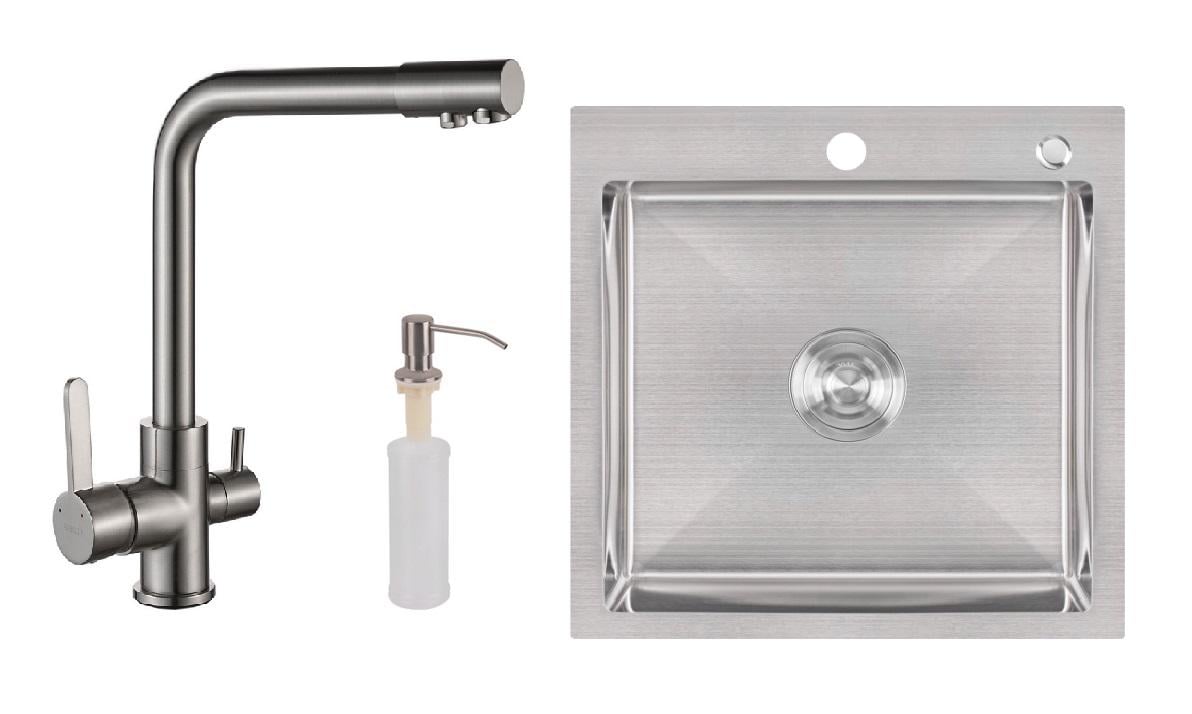 Мийка для кухні з нержавіючої сталі 50/50 Lidz зі змішувачем під фільтр/осмос та дозатором Сатин Мийка для кухні з нержавіючої сталі 50/50 Lidz зі змішувачем під фільтр/осмос та дозатором Сатин