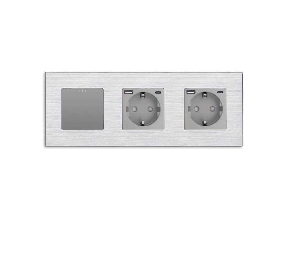 Выключатель перекрестный WALLPAD с двумя розетками USB A+C 20Вт с заземлением/защитными шторками алюминий Серый