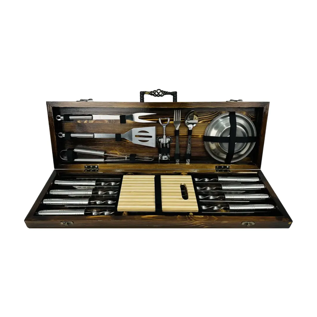 Набір шампурів в кейсі BBQ LUX дерев'яний люксовий ящик з нержавіючої сталі (2-10-KS-7807)