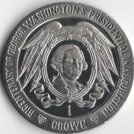 Коллекционная монета Остров Мэн 1 крона 1989 Джордж Вашингтон UNC Разновидность 2 (KM#248)