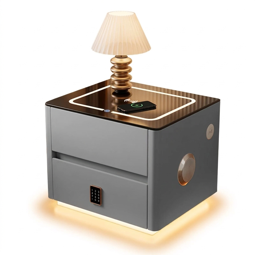 Тумба смарт QYJXF02 из экокожи с LED-подсветкой/USB/датчик движения/ беспроводная зарядка/Bluetooth-аудио 47х39х48 см Серый (33084895)