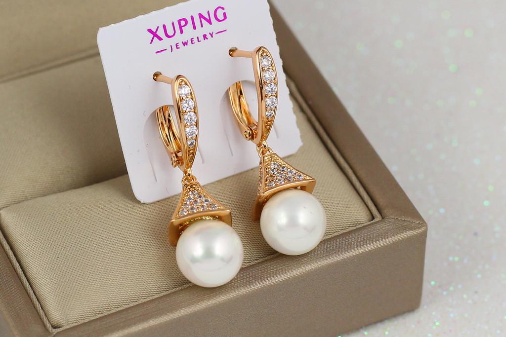 Серьги подвески Xuping Jewelry с жемчугом и камнями пирамидой 3 см Золотистый (1447335287)