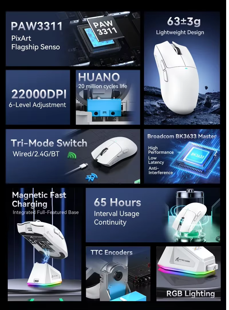 Мышка компьютерная беспроводня Attack Shark X11 и док-станция 22000dpi Black Graptape (2540814625) - фото 8 Мышка компьютерная беспроводня Attack Shark X11 и док-станция 22000dpi Black Graptape (2540814625) - фото 8