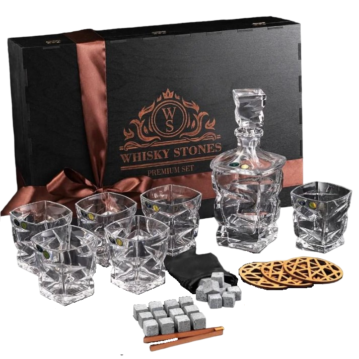 Подарочный набор для алкоголя камни для виски Whiskey Stones 24 шт./6 хрустальных стаканов Bohemia Zig-Zag 300 мл и графин 750 мл