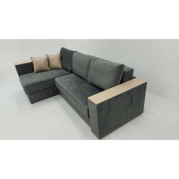 Диван раскладной угловой в гостиную/спальню  Вуди Домино дерево/ламинированная ДСП/ткань Темно-серый 