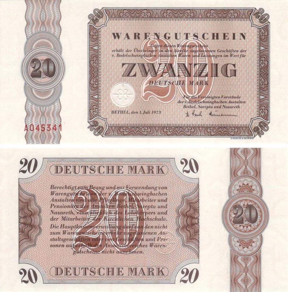 Коллекционная банкнота Германия 20 марок 1973 UNC (Б09121)