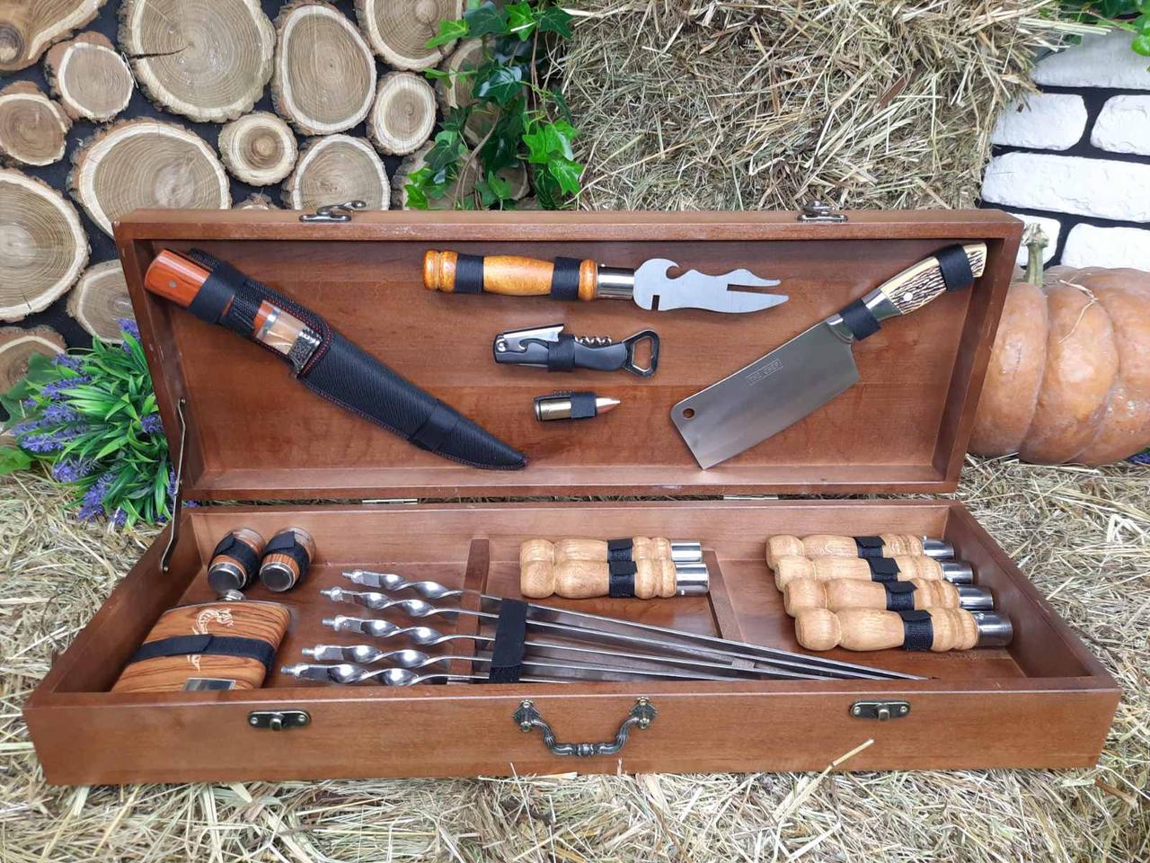 Набор разборных шампуров для мяса Profi с комплектом аксессуаров в деревянном кейсе 650х12х2,5 мм 6 шт. (12318601)