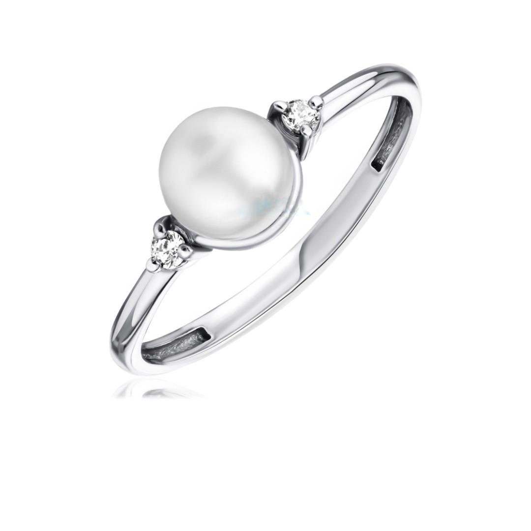 Каблучка із білою перлиною срібло 925 проби родоване 1,42 г р. 17,5 (81159б)