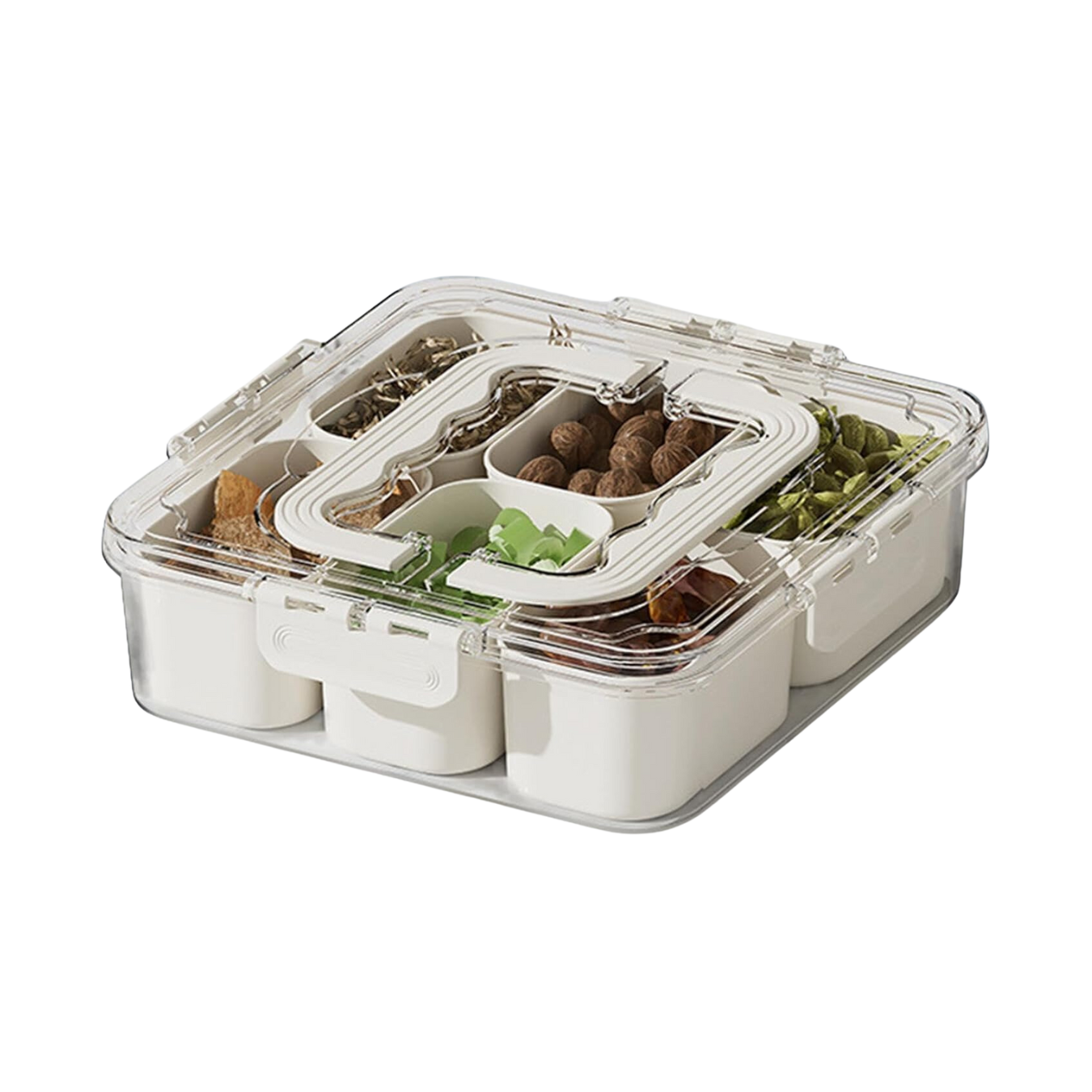 Органайзер для хранения закусок с крышкой и ручками разделен на 6 ячеек 21х21х7 см