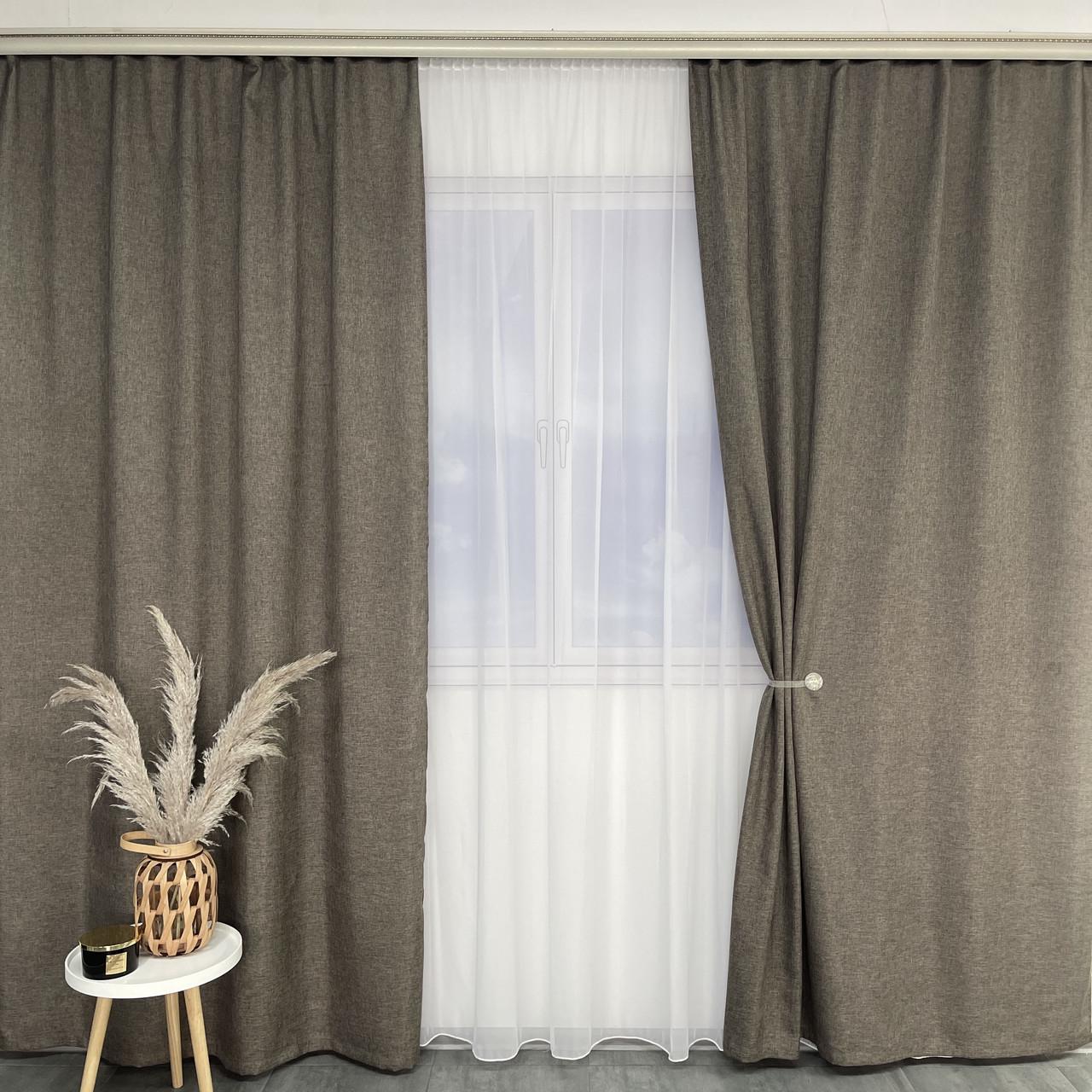 Шторы однотонные из льна на тесьме Серо-коричневый (SH-M1-8)