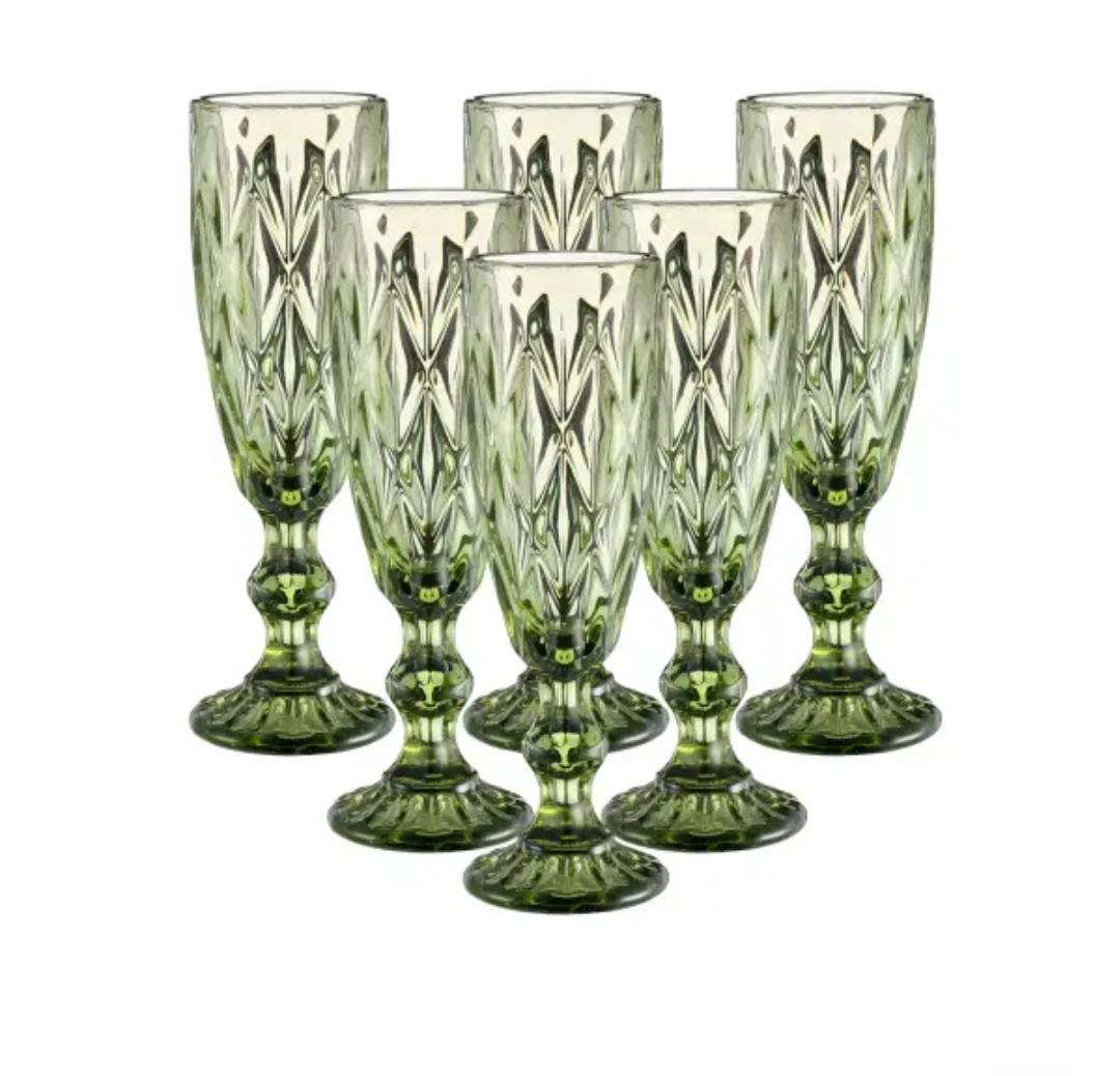 Набор бокалов для шампанского TS Kitchen HP036GR из толстого стекла фигурных граненых 6 шт. по 180 мл Зеленый (HP036GR)