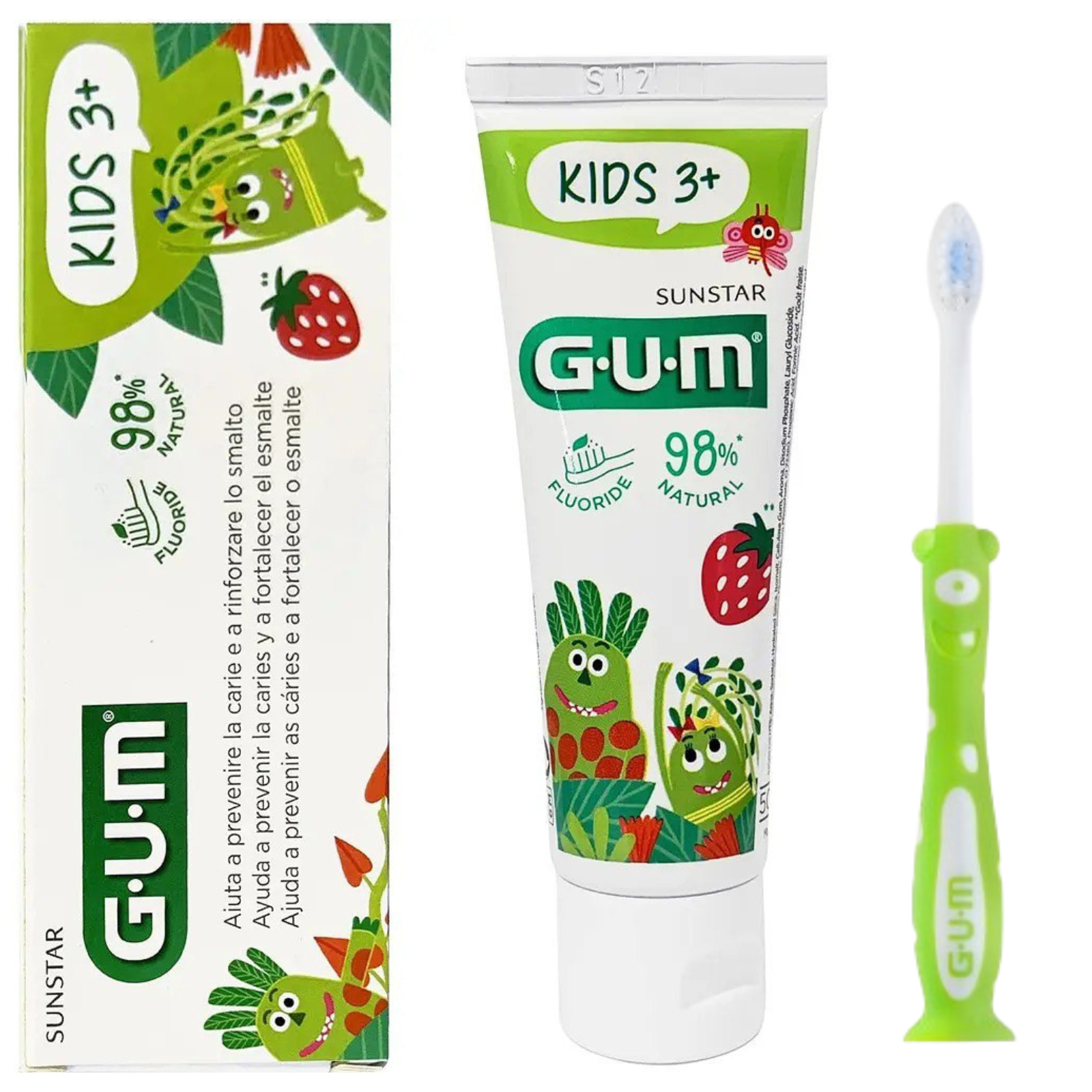 Набір для чищення зубів дитячий GUM Kids зубна паста-гель від 3 років 50 мл та зубна щітка Monster м'яка Салатовий (25427941)