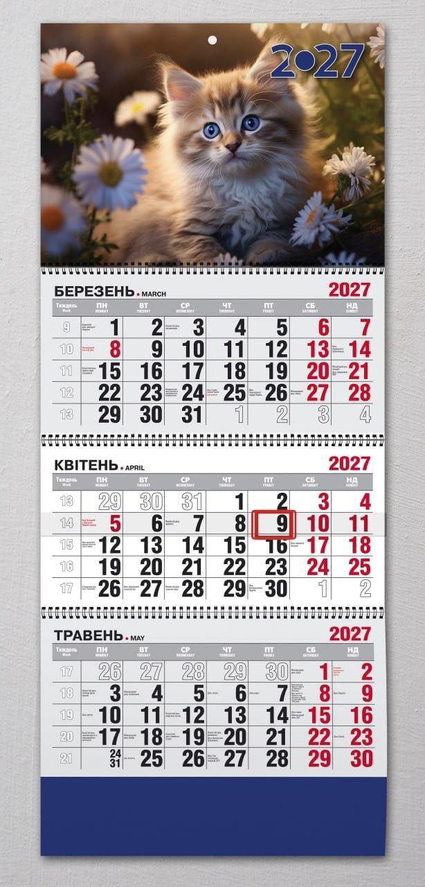 Календар настінний квартальний на 2027 рік на 3 пружини "Котик" (3204644929)