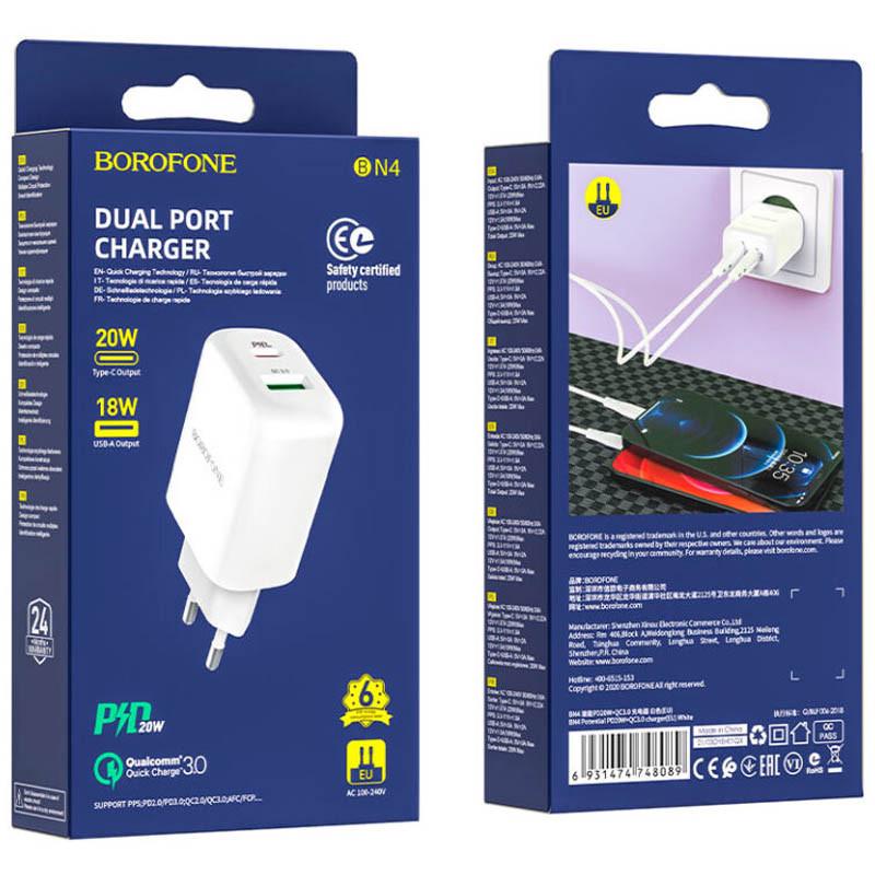 Зарядний мереживний пристрій універсальний Borofone BN4 PD20W+QC3.0 1USB/1Type-C/3A White - фото 4