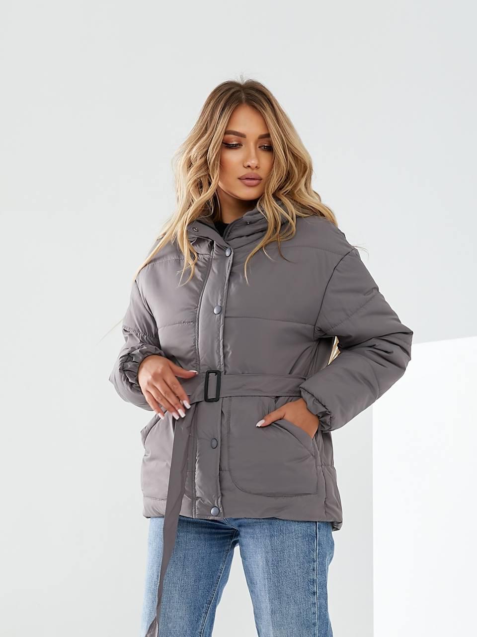 Куртка утеплена Khan коротка з поясом р. 42 Темно-сірий (Kh332) - фото 2 Куртка утеплена Khan коротка з поясом р. 42 Темно-сірий (Kh332) - фото 2