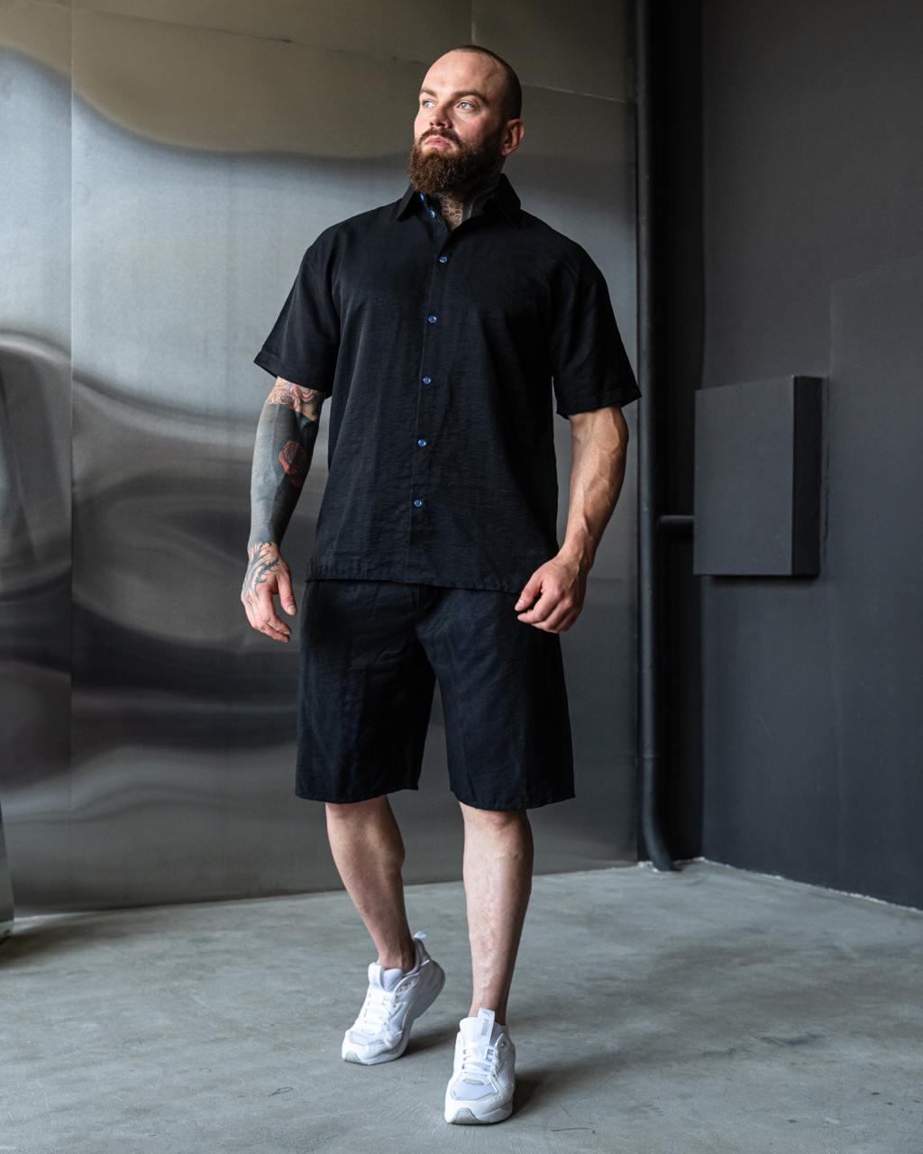 Комплект мужской летний льняной жатка M Черный (24877/1) - фото 3